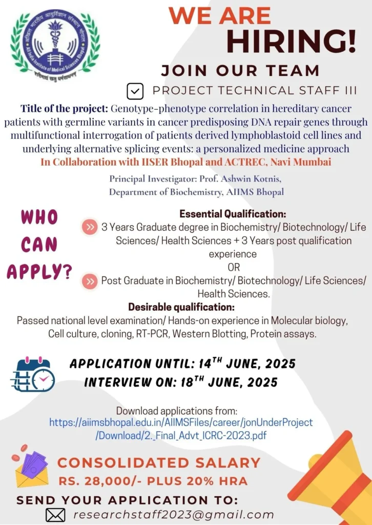 Position for Project Technical Staff IIII funded by ICMR