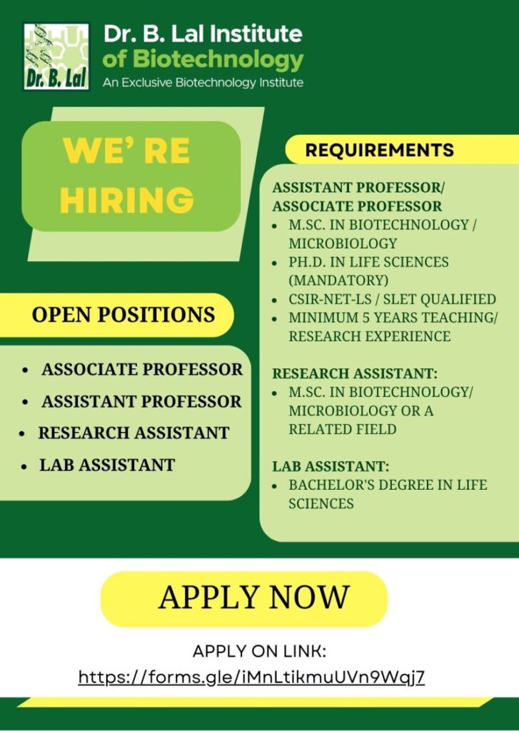 Dr. B. Lal Institute of Biotechnology, Jaipur Hiring for multiple roles