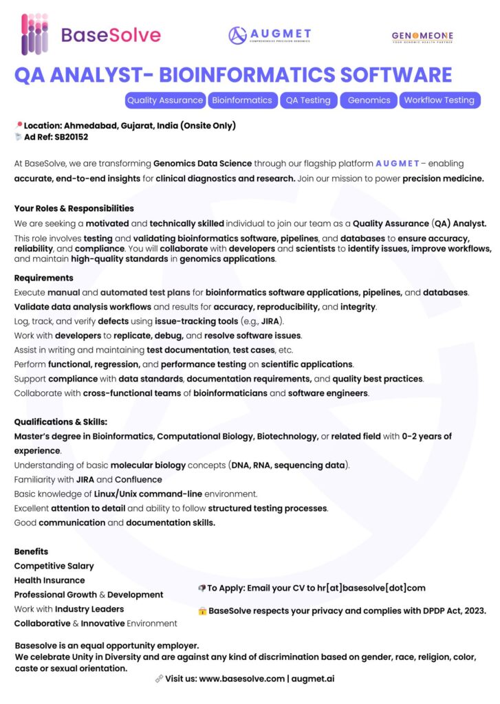 QA Analyst - Bioinformatics Software - BaseSolve Ahmedabad