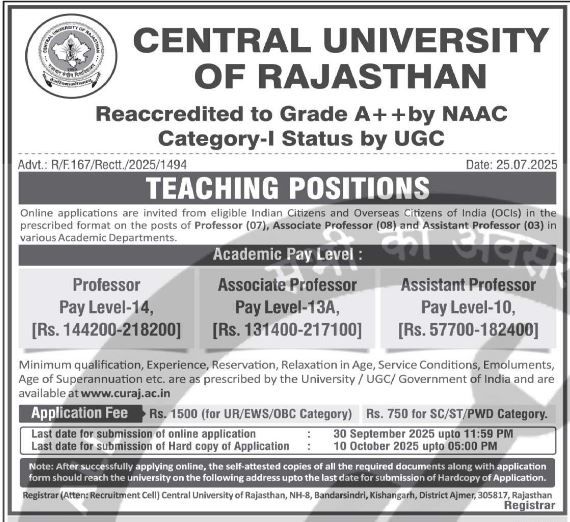 Faculty Recruitment - Central University of Rajasthan