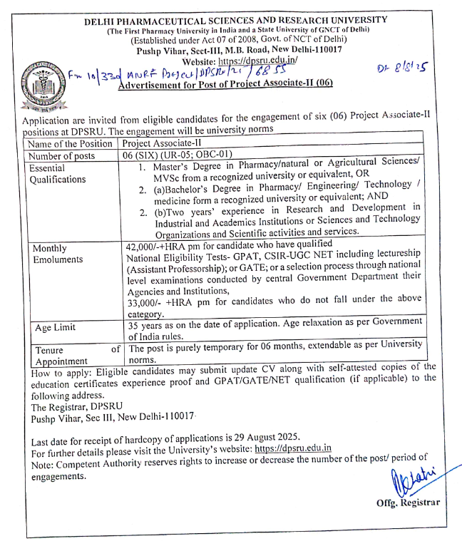 Hiring Project Associate-II at DPSRU - Delhi