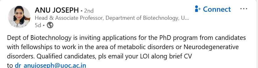 PhD position in Neurodegenerative disorders - University of Calicut