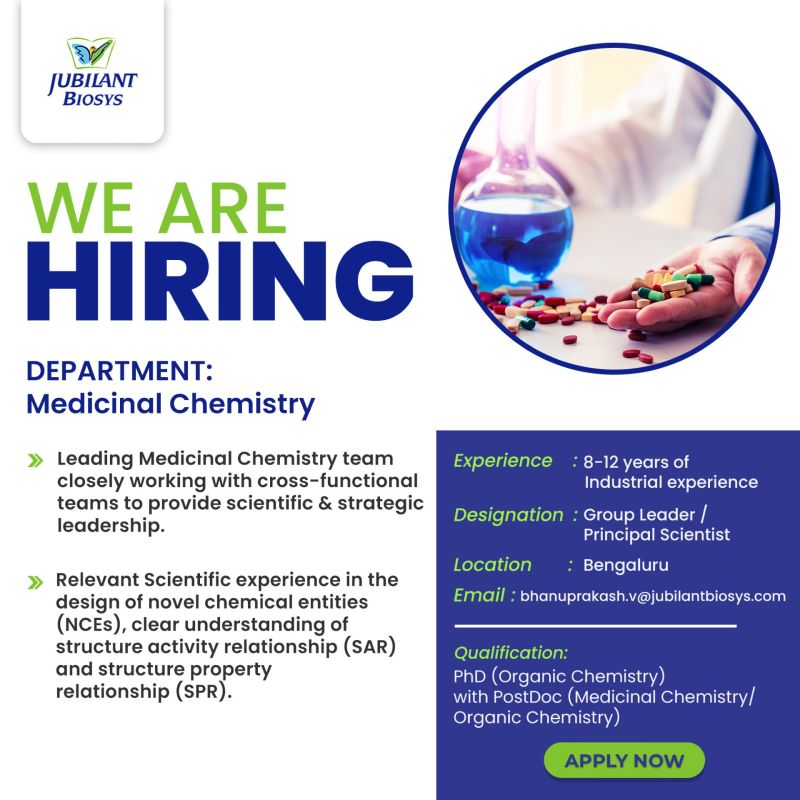 Jubilant Biosys hiring for Department of Medicinal Chemistry