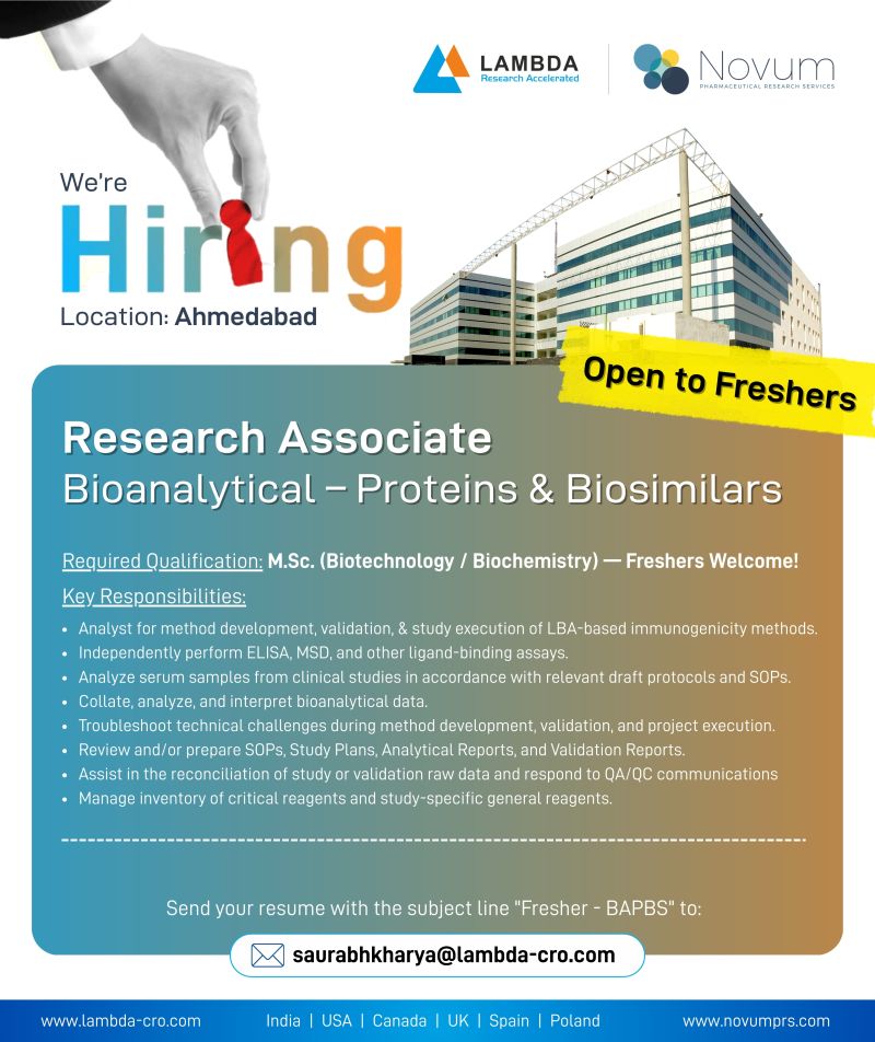 Hiring a Research Associate – Bioanalytical (Proteins & Biosimilars) in Ahmedabad - Fresher eligible