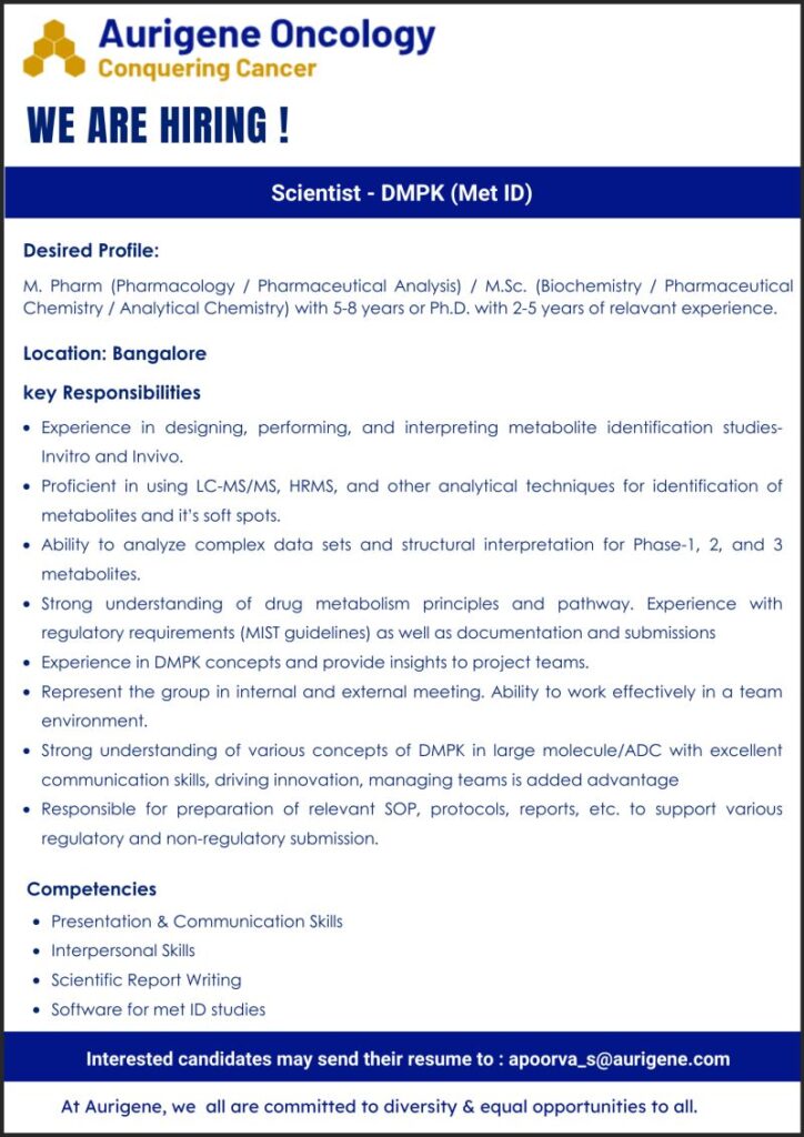 Scientist - DMPK (Met ID) - Aurigene Oncology Limited