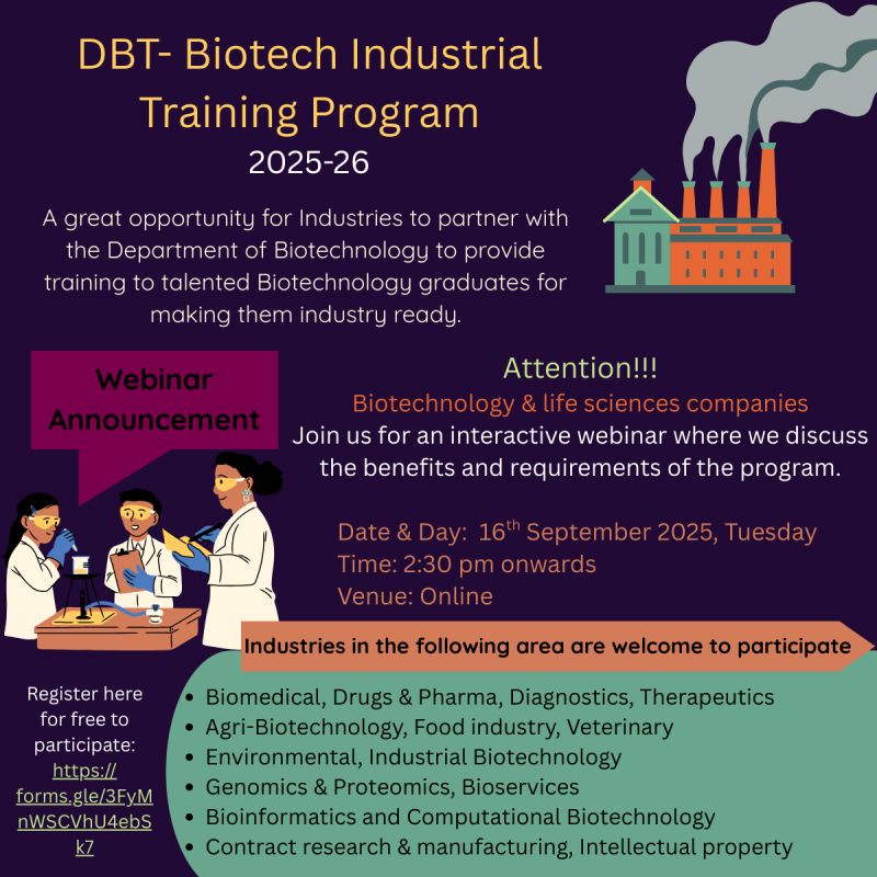 Webinar Announcement | DBT - Biotech Industrial Training Program 2025-26