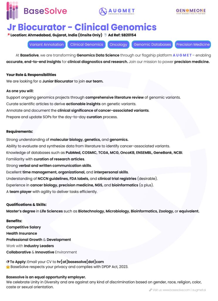 BaseSolve hiring Jr. Biocurator – Clinical Genomics - Ahmedabad