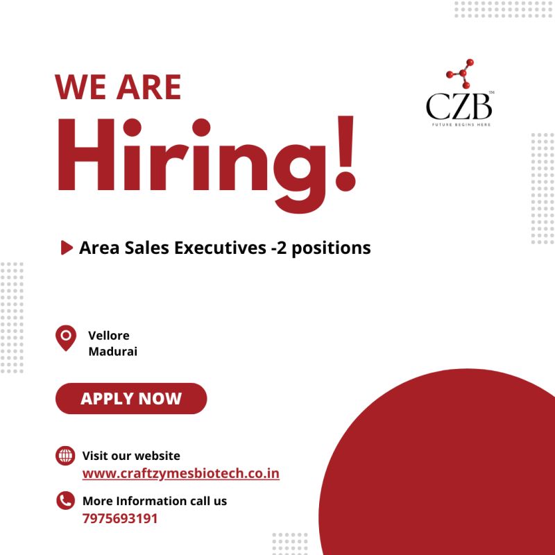 CraftZymes Biotech hiring Area Sales Executives - Biotech