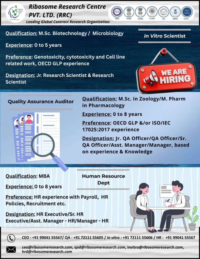 Ribosome Research Centre hiring MSc biotech/microbiology - Freshers eligible