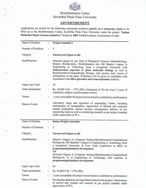 Project Scientist I, JRF, Senior Project Associate & Lab Assistant at Bioinformatics Centre - Pune