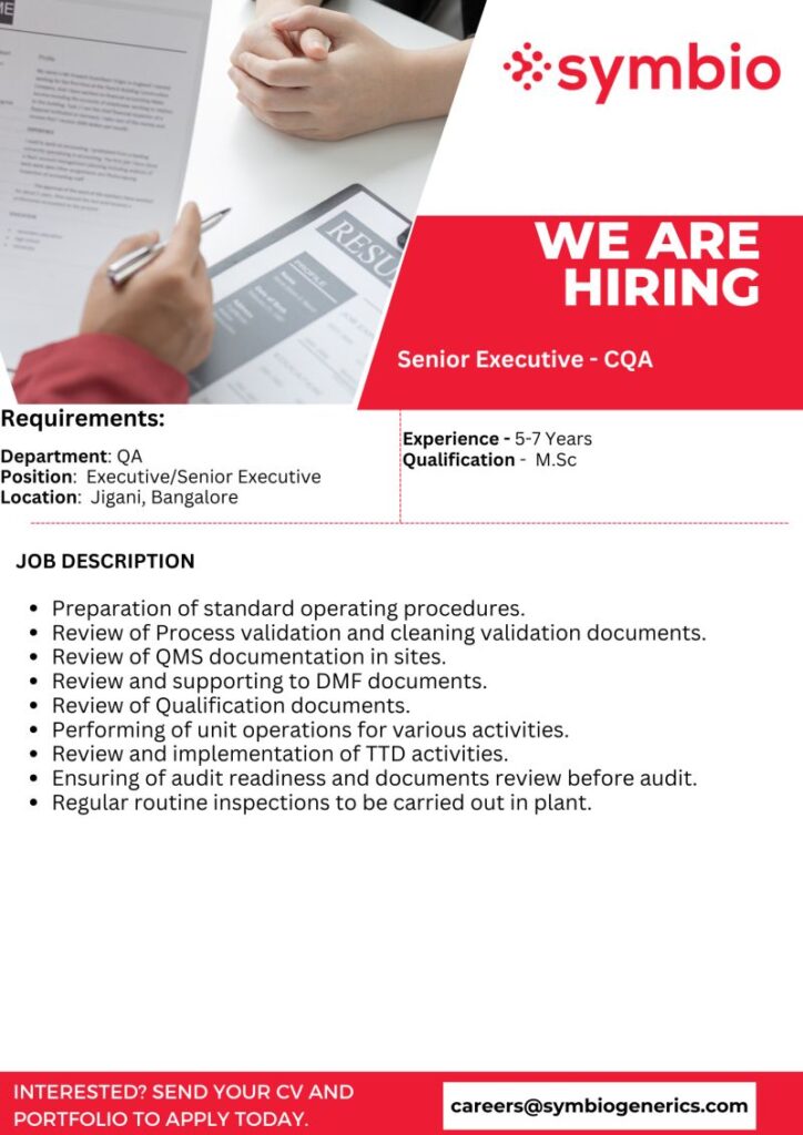 Executive/Senior Executive profile for CQA - Symbio - Bangalore