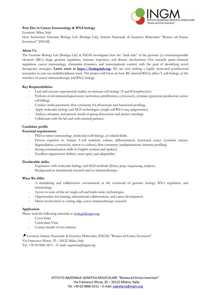 Genome Biology Lab is recruiting a postdoc in cancer immunology & RNA biology