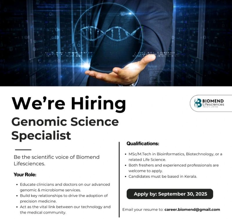 Genomic science specialist position at Biomend lifesciences 