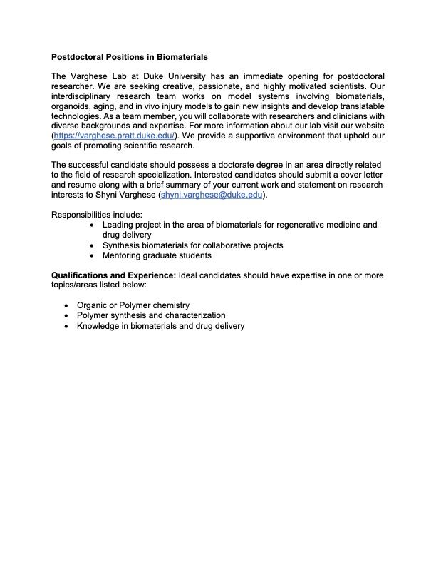 The Varghese Lab at Duke University hiring Postdoc