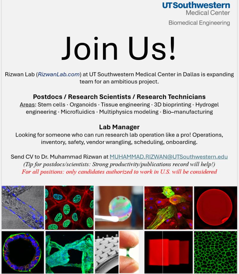Rizwan Lab at UTSW Medical Center Dallas hiring for multiple roles