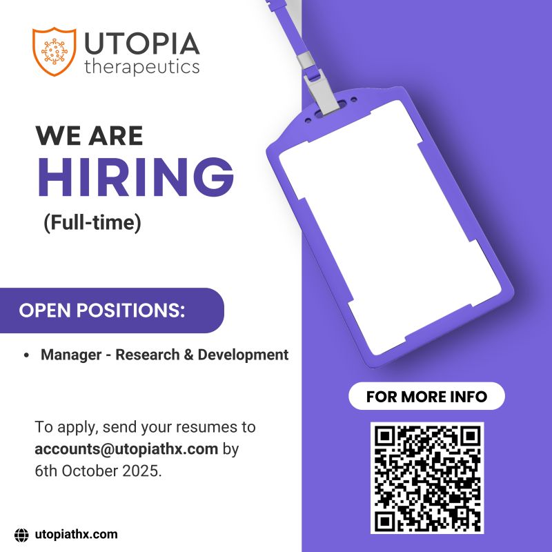 UTOPIA THERAPEUTICS is hiring Manager - Research & Development - Hyderabad