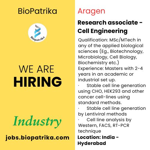 Aragen hiring Research associate - Cell Engineering- Hyderabad