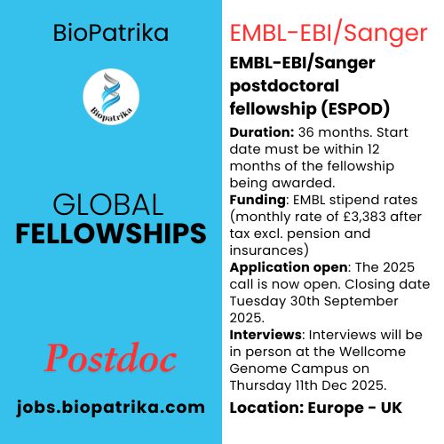 EMBL-EBI-Sanger postdoctoral fellowships