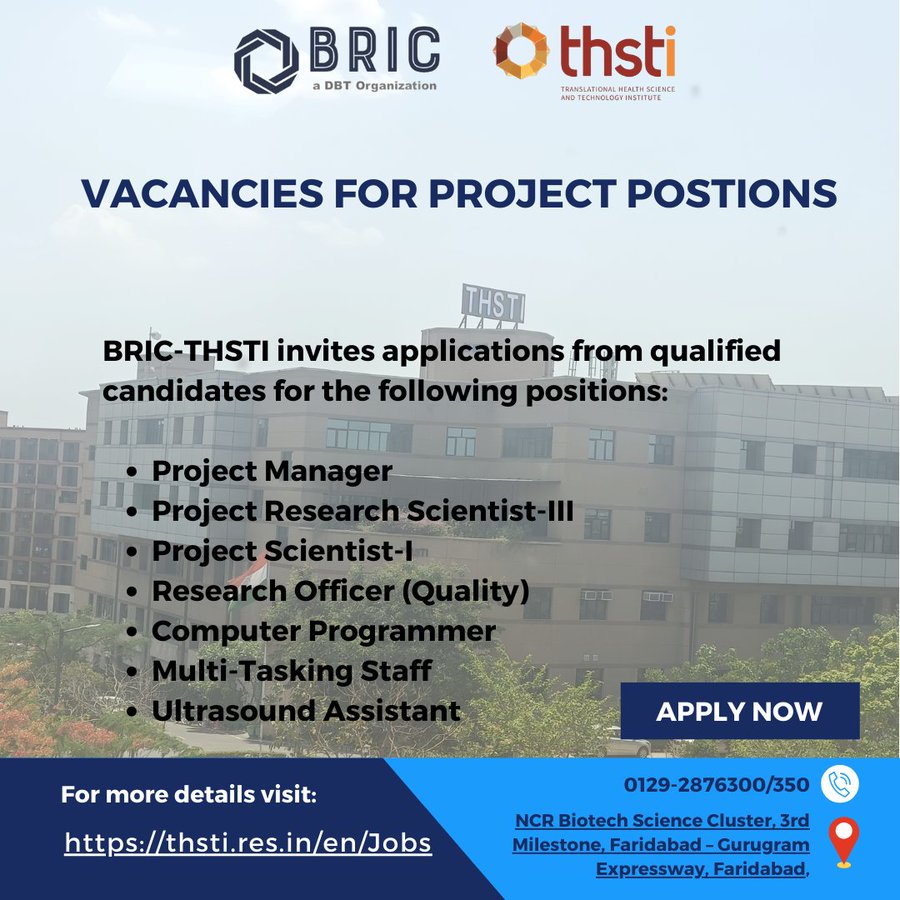 Hiring: Project positions at THSTI Faridabad