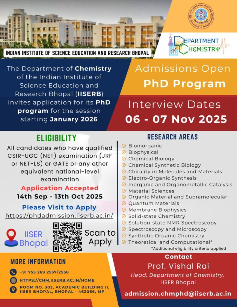 Department of Chemistry at IISER Bhopal invites applications for admission to PhD Program