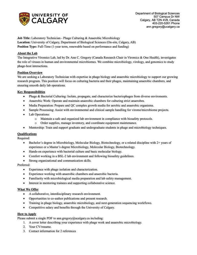 Hiring Lab Technician at University of Calgary