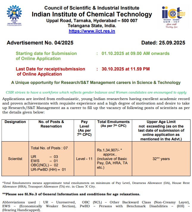 Hiring Scientist - CSIR - IICT Hyderabad