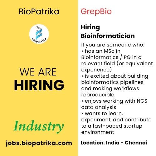 GrepBio hiring - Bioinformatician - Chennai