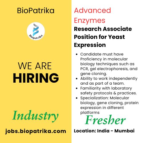 Hiring Research Associate Position for Yeast Expression - Freshers eligible - Mumbai