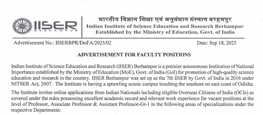IISER Berhampur hiring faculty at all levels