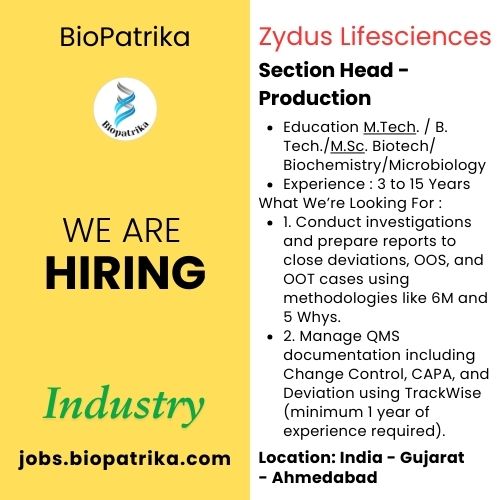 Section Head - Production - Zydus Lifesciences - Ahmedabad