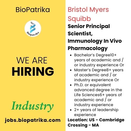 Senior Principal Scientist, Immunology In Vivo Pharmacology - Bristol Myers Squibb