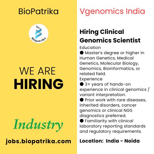 Vgenomics India hiring Clinical Genomics Scientist - Noida