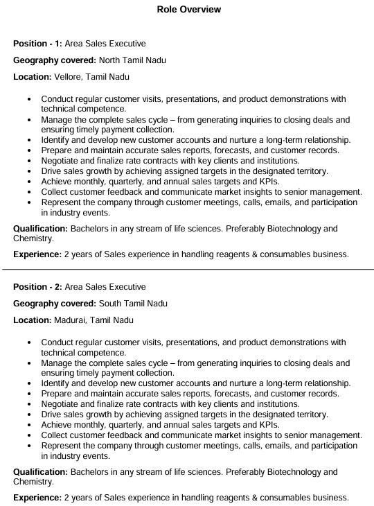 CraftZymes Biotech hiring Area Sales Executives - Biotech 
