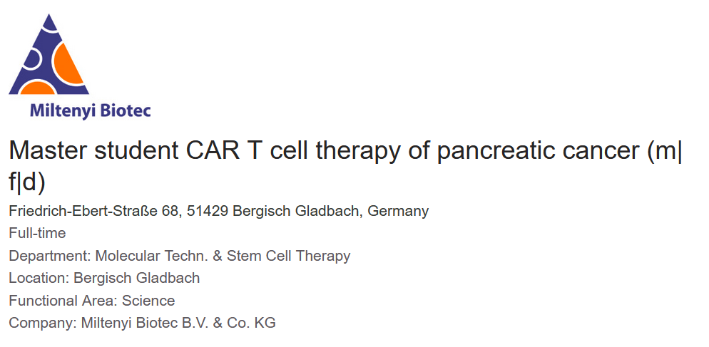 Master student CAR T cell therapy of pancreatic cancer - Germany