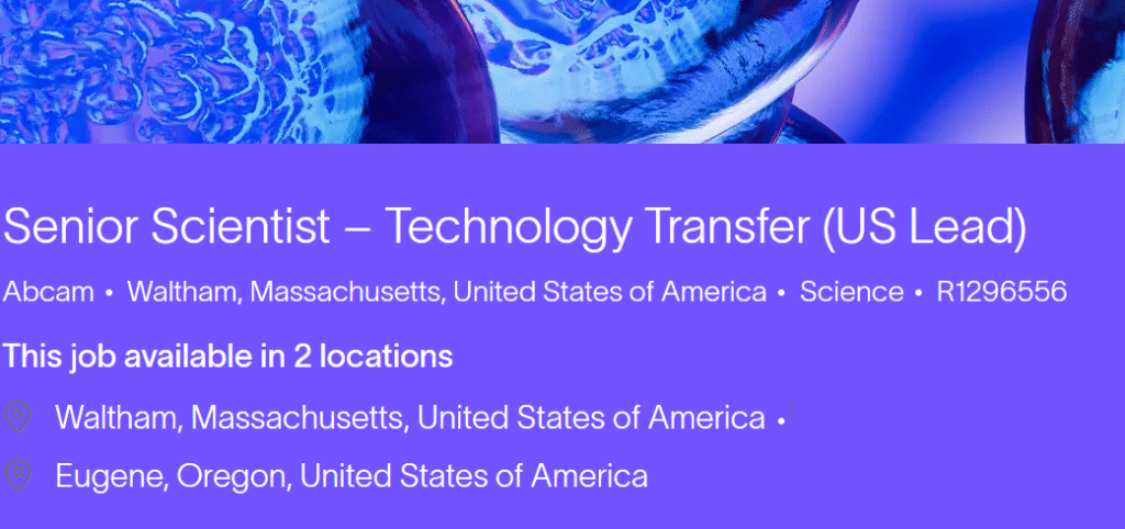 Senior Scientist – Technology Transfer (US Lead) - Abcam - Waltham, Massachusetts
