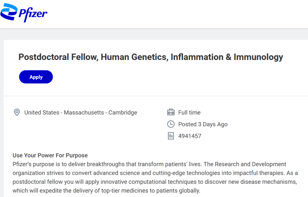 Postdoctoral Fellow, Human Genetics, Inflammation & Immunology - Pfizer - USA