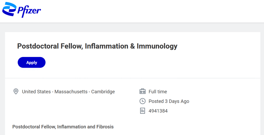 Postdoctoral Fellow, Inflammation & Immunology - Pfizer - USA