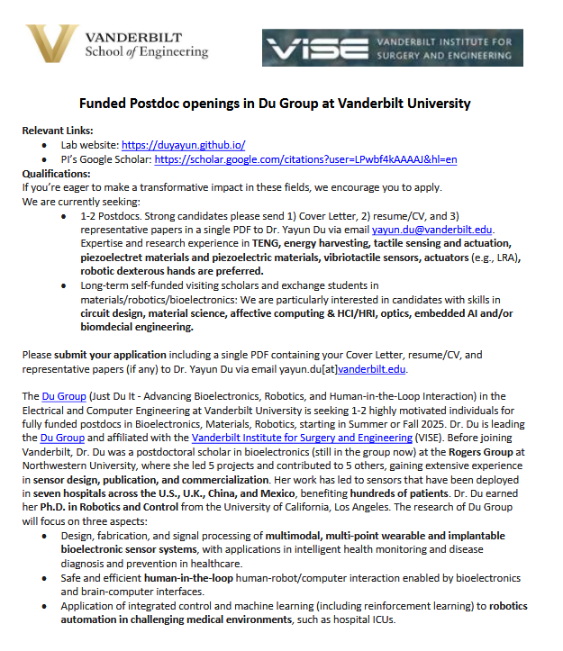 Hiring: 1–2 Postdoctoral Researchers - Bioelectronics - Vanderbilt University