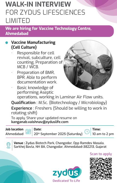 Walk-In Interview for Zydus Lifesciences Limited.