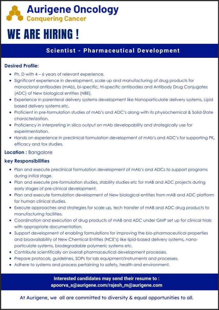Hiring Scientist - Pharmaceutical Development to join Aurigene Oncology