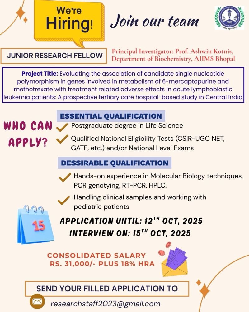 Hiring JRF in Cancer Biology - Dept of Biochemistry, AIIMS Bhopal