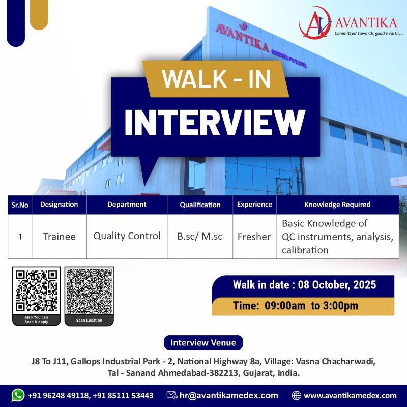 Hiring QC Freshers - Avantika Medex - Ahmedabad