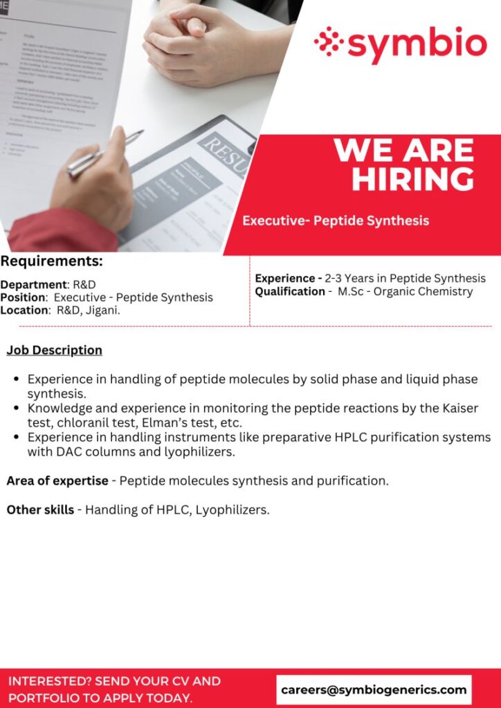 Symbio hiring Executive - Peptide Synthesis