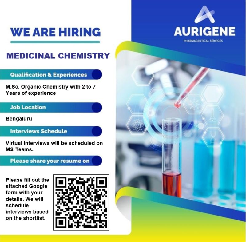 Aurigene Pharma hiring Scientist - Medicinal Chemistry at Bengaluru