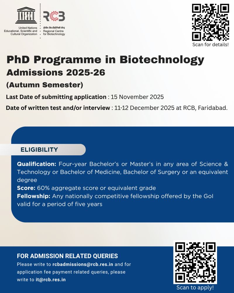 PhD Programme in Biotechnology - Regional Centre for Biotechnology (RCB), Faridabad