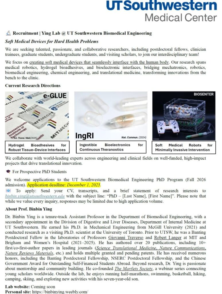 Ying Lab at UT Southwestern Biomedical Engineering hiring for PhD program