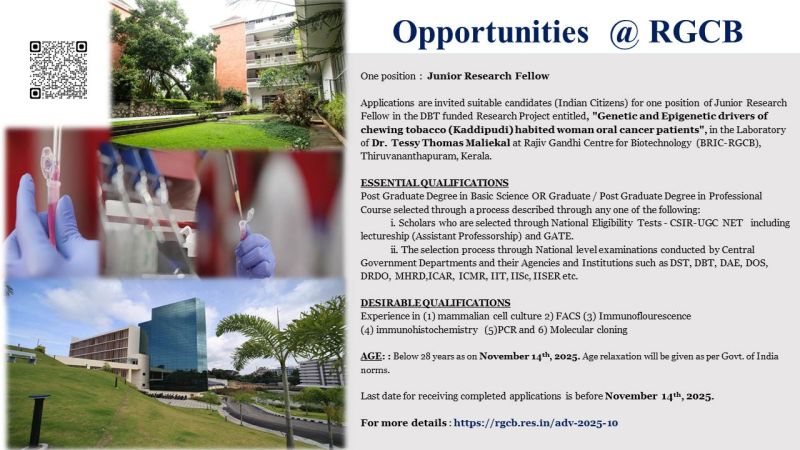 Junior Research Fellow at RGCB, Thiruvananthapuram, Kerala