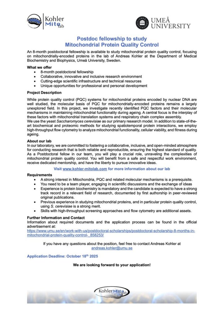 Postdoctoral scholarship (8 months) in Mitochondrial Protein Quality Control