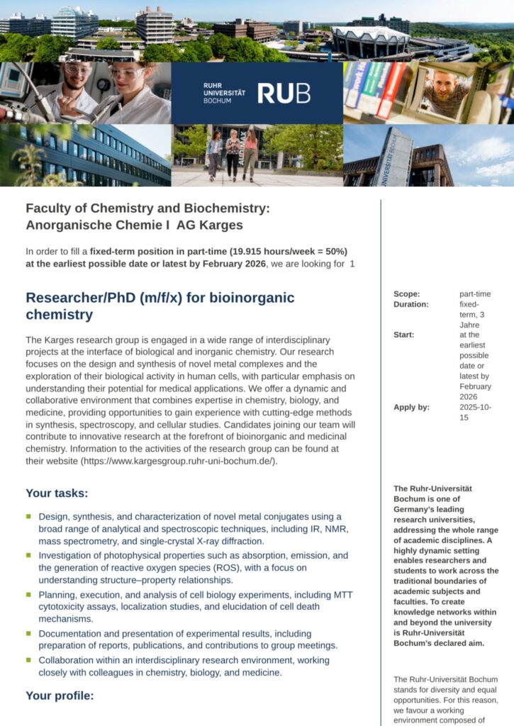 PhD Opportunity in Bioinorganic Chemistry
