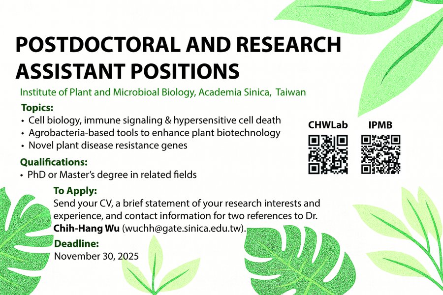 Postdoc and Research Assistant positions - Taiwan